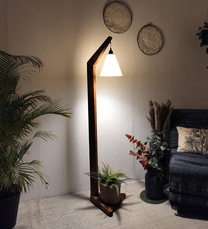 Thunder Wooden Floor Lamp with Brown Base and Jute Fabric Lampshade