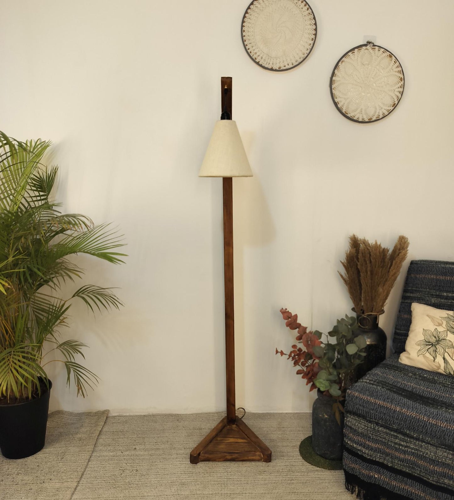 Thunder Wooden Floor Lamp with Brown Base and Jute Fabric Lampshade