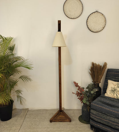 Thunder Wooden Floor Lamp with Brown Base and Jute Fabric Lampshade