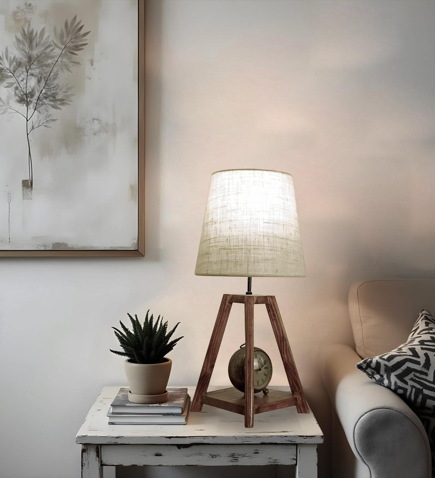 Jungle Brown Wooden Table Lamp with Jute Lampshade