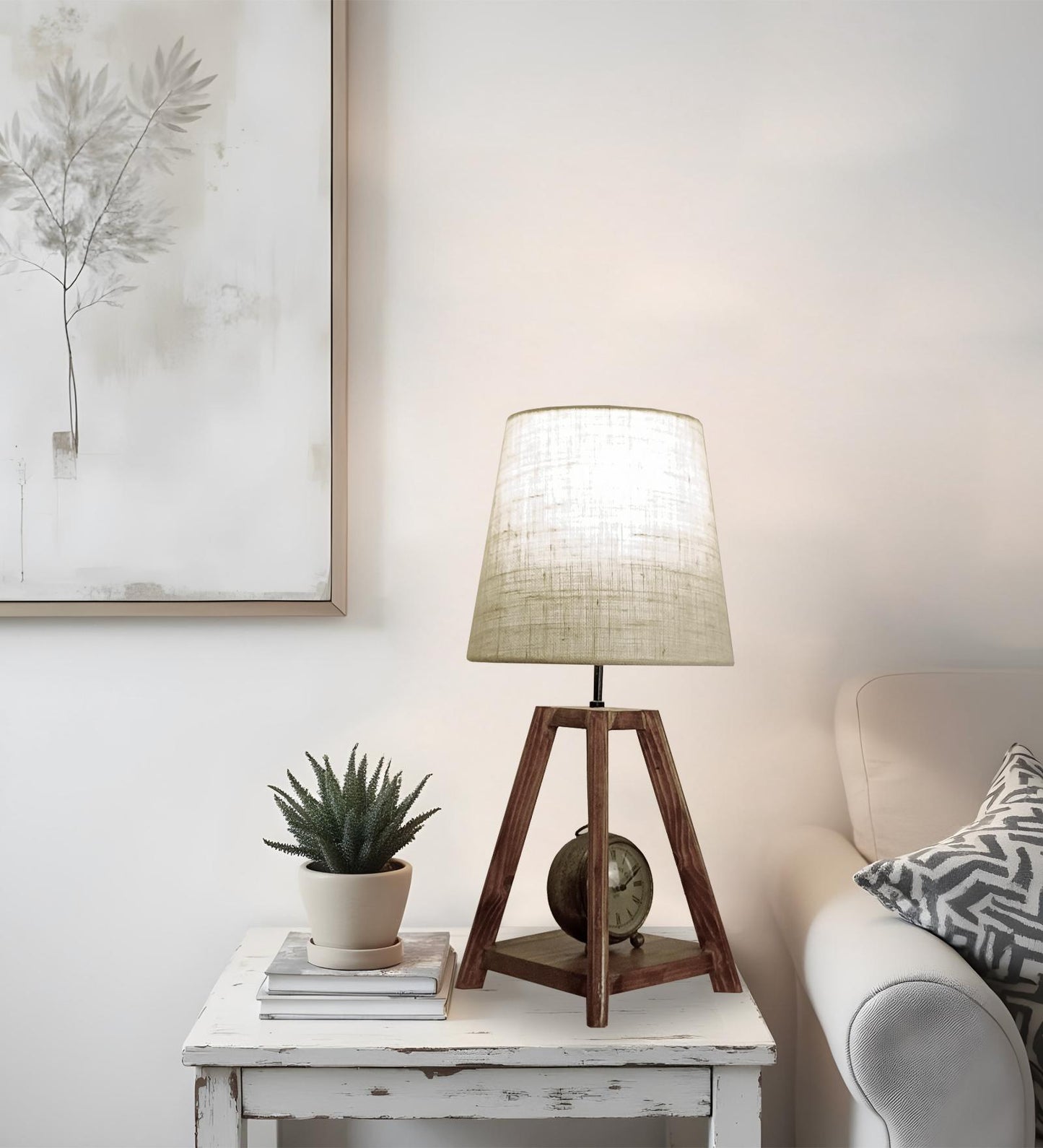 Jungle Brown Wooden Table Lamp with Jute Lampshade