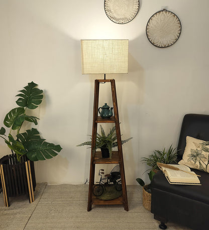 Jungle Wooden Floor Lamp with Brown Base and Jute Fabric Lampshade