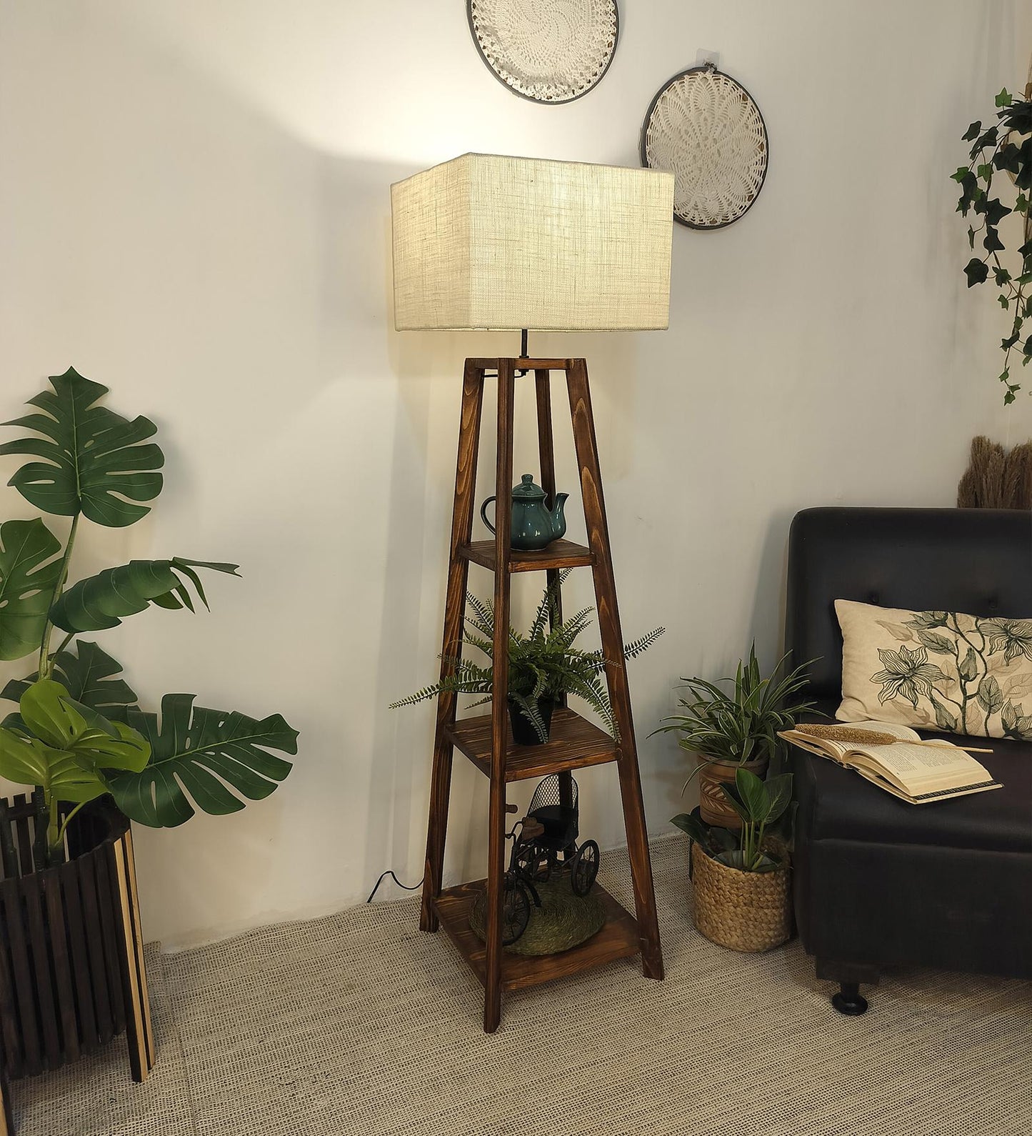 Jungle Wooden Floor Lamp with Brown Base and Jute Fabric Lampshade