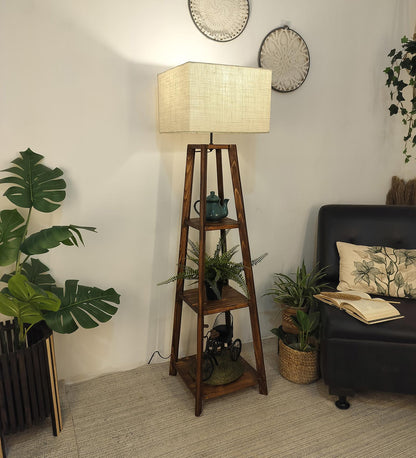 Jungle Wooden Floor Lamp with Brown Base and Jute Fabric Lampshade