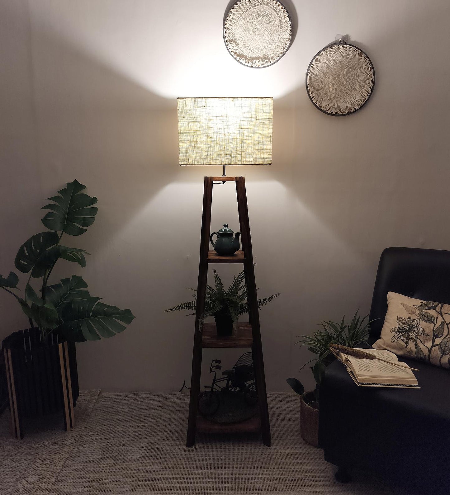 Jungle Wooden Floor Lamp with Brown Base and Jute Fabric Lampshade