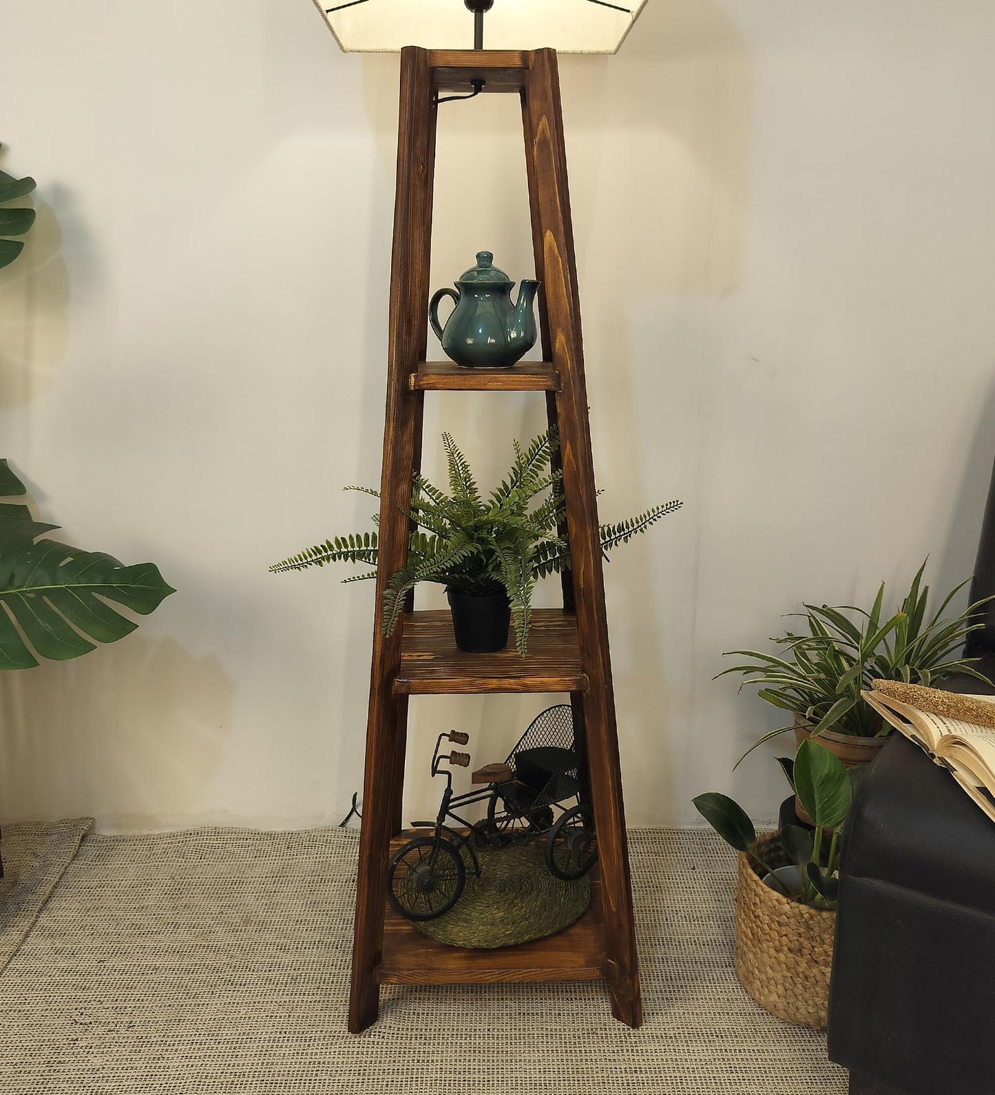 Jungle Wooden Floor Lamp with Brown Base and Jute Fabric Lampshade