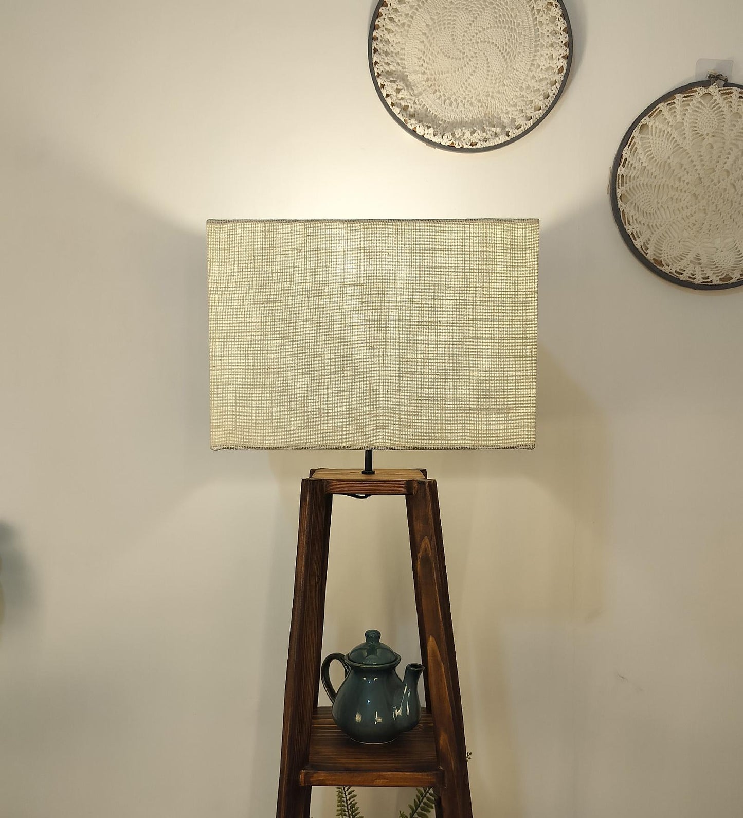 Jungle Wooden Floor Lamp with Brown Base and Jute Fabric Lampshade