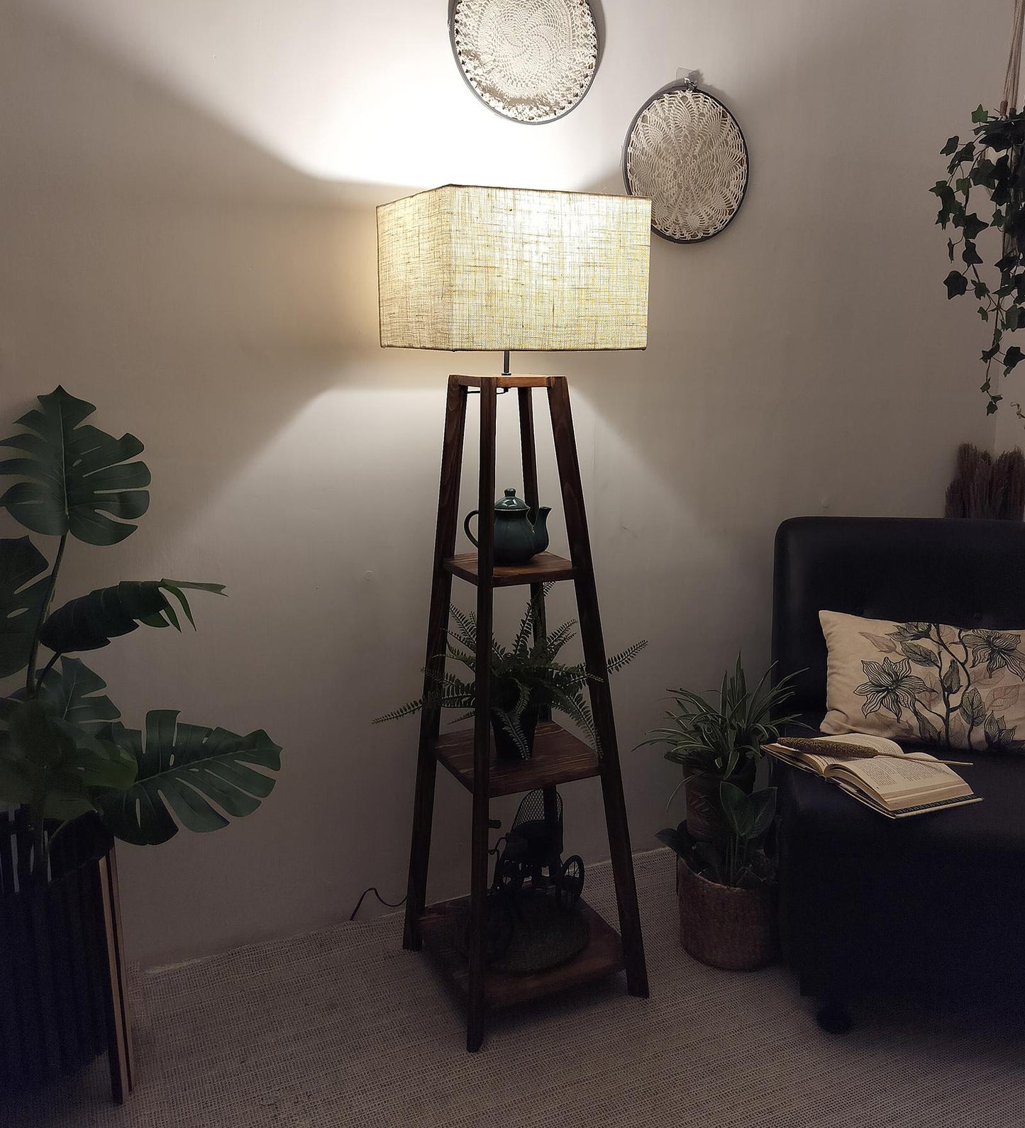 Jungle Wooden Floor Lamp with Brown Base and Jute Fabric Lampshade