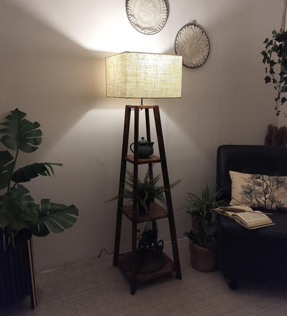 Jungle Wooden Floor Lamp with Brown Base and Jute Fabric Lampshade