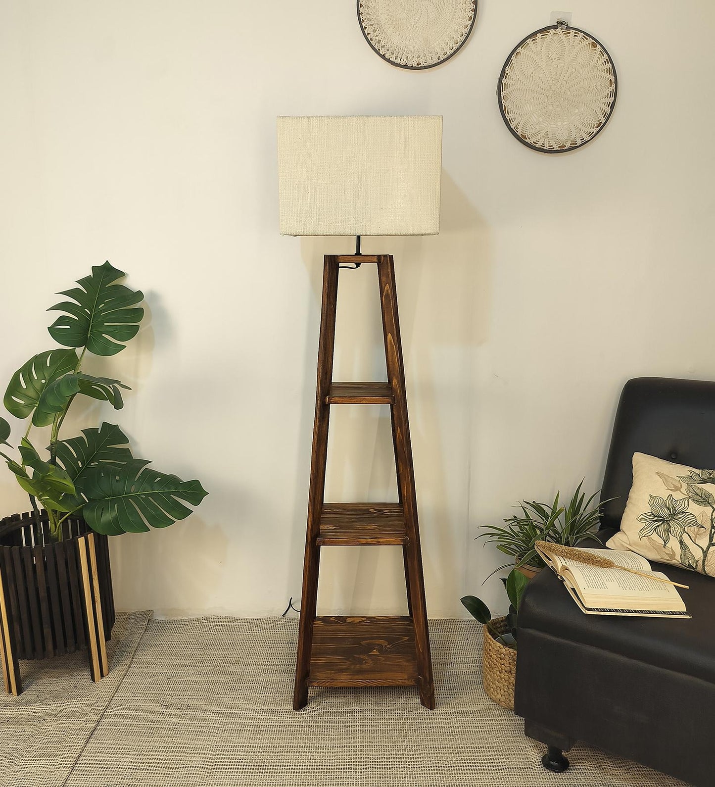 Jungle Wooden Floor Lamp with Brown Base and Jute Fabric Lampshade