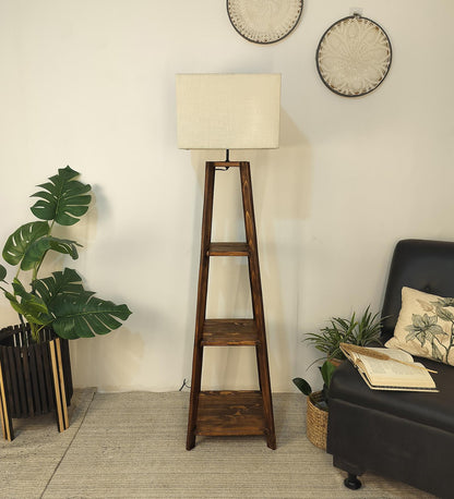 Jungle Wooden Floor Lamp with Brown Base and Jute Fabric Lampshade