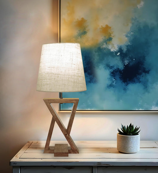 Rough Brown Wooden Table Lamp with with Jute Lampshade