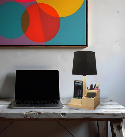 Trust Wooden Table Lamp With Black Fabric Lampshade and Mobile Stand