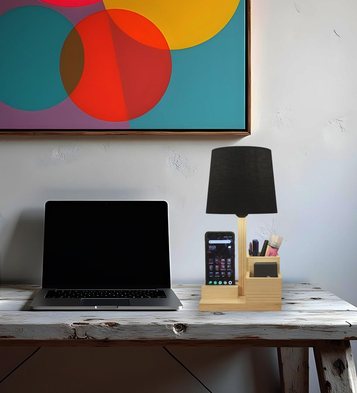 Trust Wooden Table Lamp With Black Fabric Lampshade and Mobile Stand
