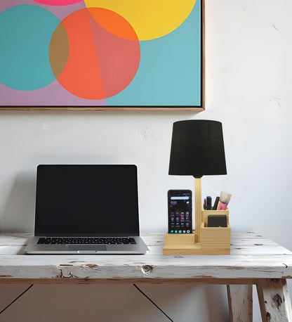 Trust Wooden Table Lamp With Black Fabric Lampshade and Mobile Stand