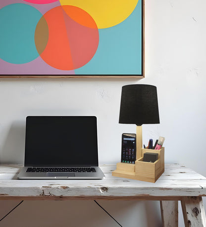 Trust Wooden Table Lamp With Black Fabric Lampshade and Mobile Stand