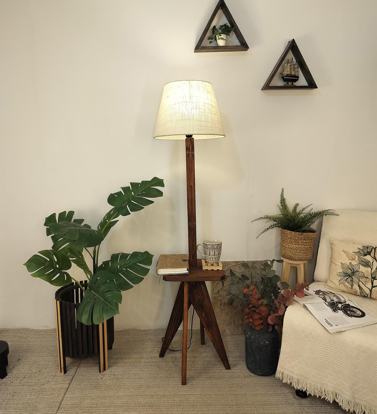 Hail Wooden Floor Lamp with Brown Base and Jute Fabric Lampshade