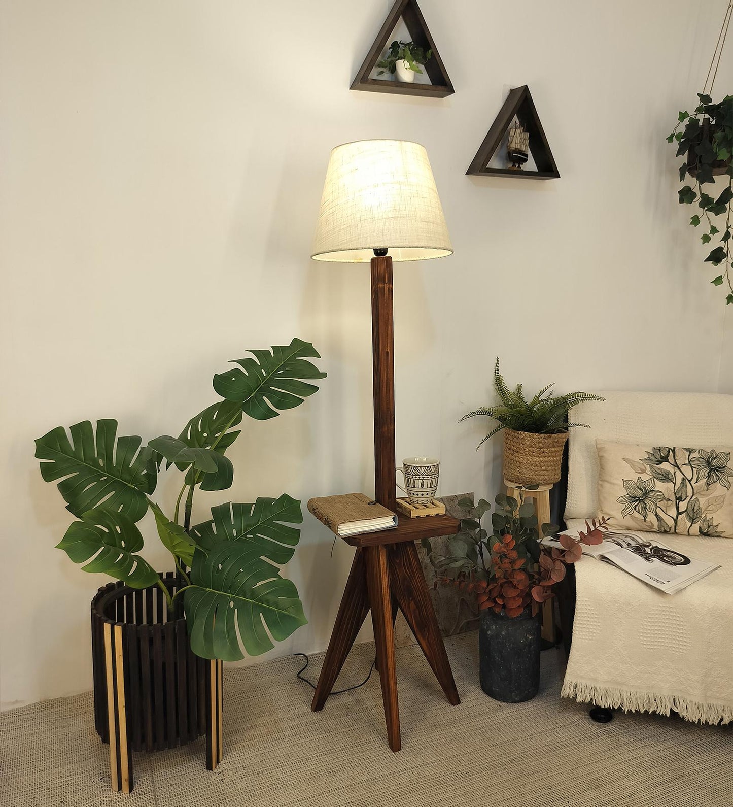 Hail Wooden Floor Lamp with Brown Base and Jute Fabric Lampshade