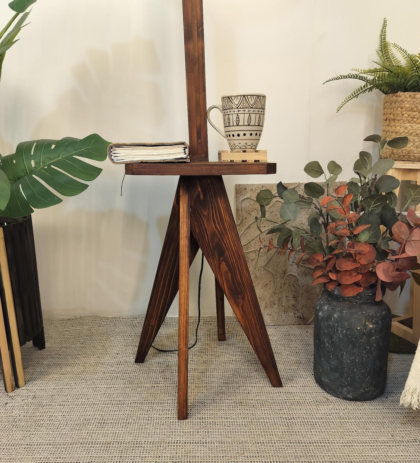 Hail Wooden Floor Lamp with Brown Base and Jute Fabric Lampshade