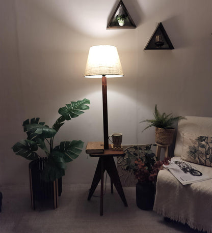 Hail Wooden Floor Lamp with Brown Base and Jute Fabric Lampshade