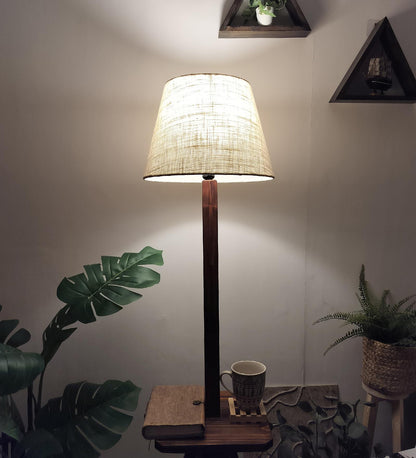 Hail Wooden Floor Lamp with Brown Base and Jute Fabric Lampshade