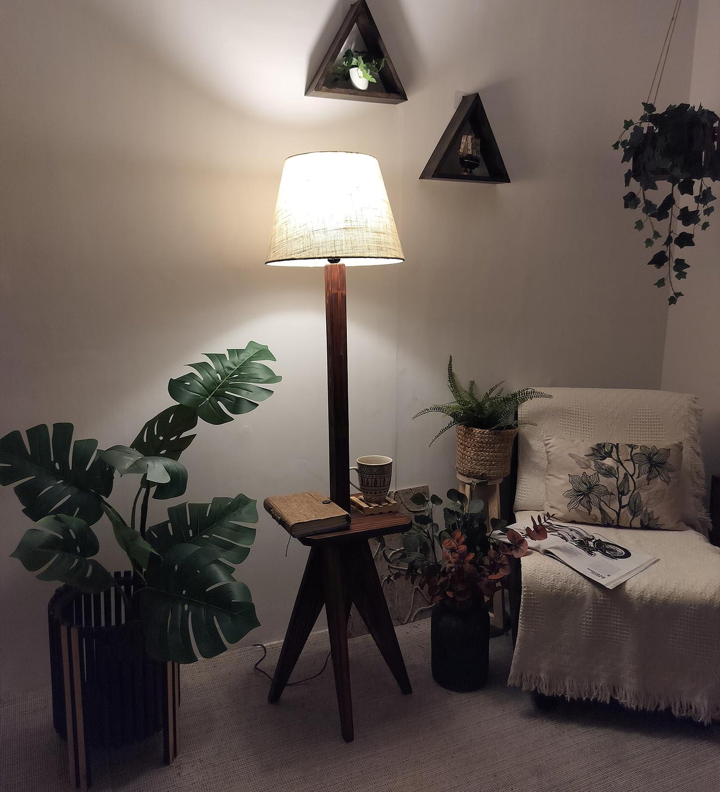 Hail Wooden Floor Lamp with Brown Base and Jute Fabric Lampshade