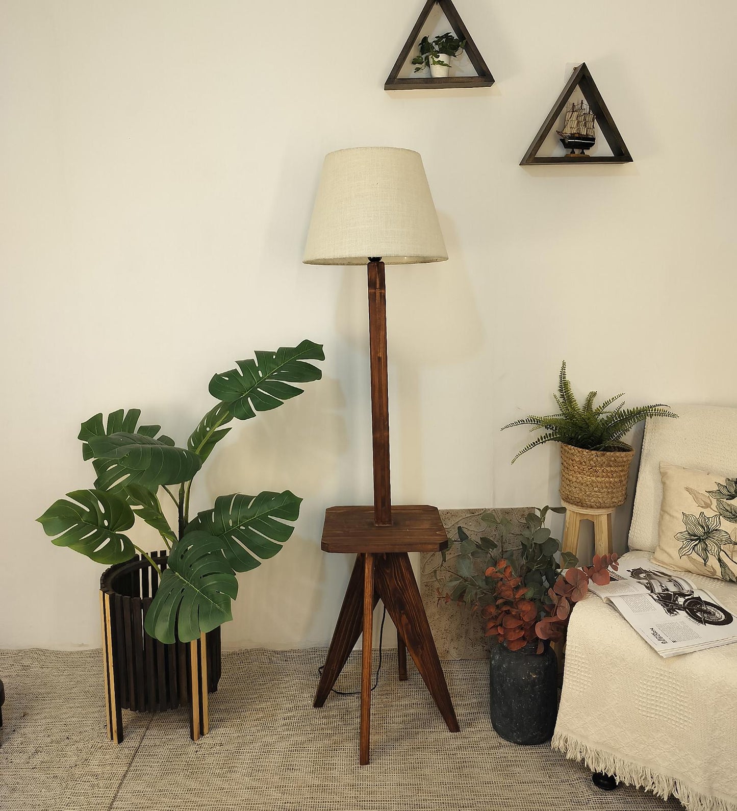 Hail Wooden Floor Lamp with Brown Base and Jute Fabric Lampshade