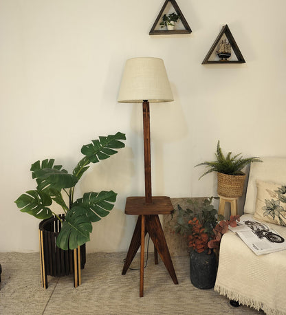 Hail Wooden Floor Lamp with Brown Base and Jute Fabric Lampshade