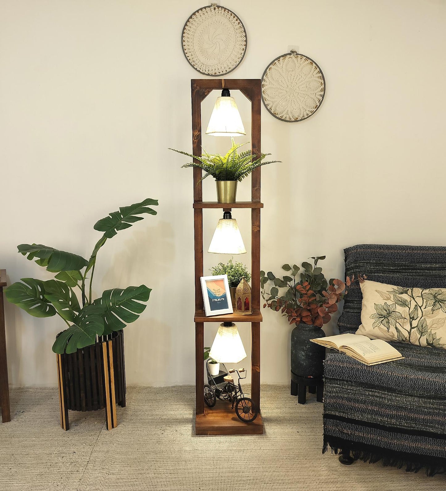 Mud Wooden Floor Lamp with Brown Base and Jute Fabric Lampshade