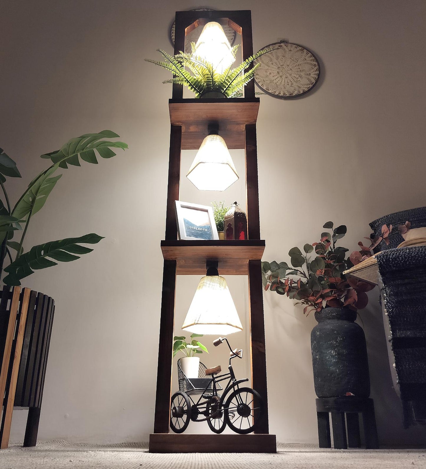Mud Wooden Floor Lamp with Brown Base and Jute Fabric Lampshade