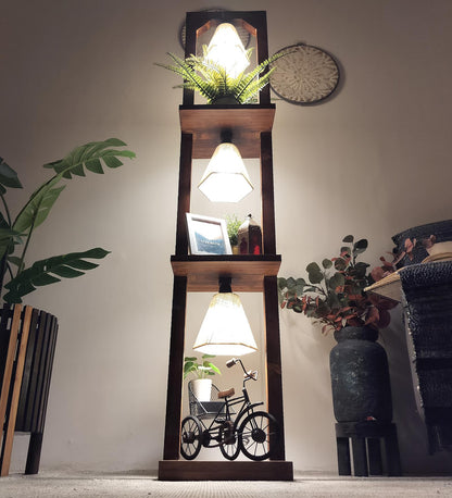Mud Wooden Floor Lamp with Brown Base and Jute Fabric Lampshade