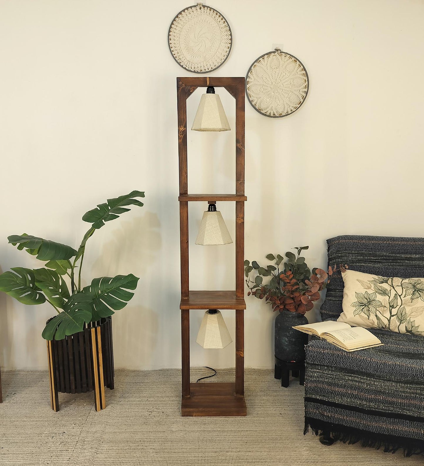 Mud Wooden Floor Lamp with Brown Base and Jute Fabric Lampshade