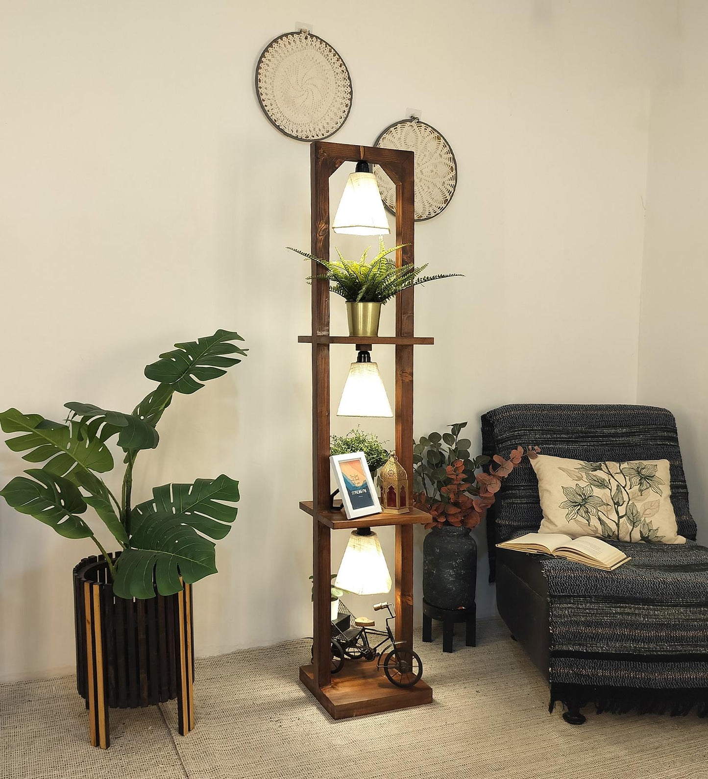 Mud Wooden Floor Lamp with Brown Base and Jute Fabric Lampshade
