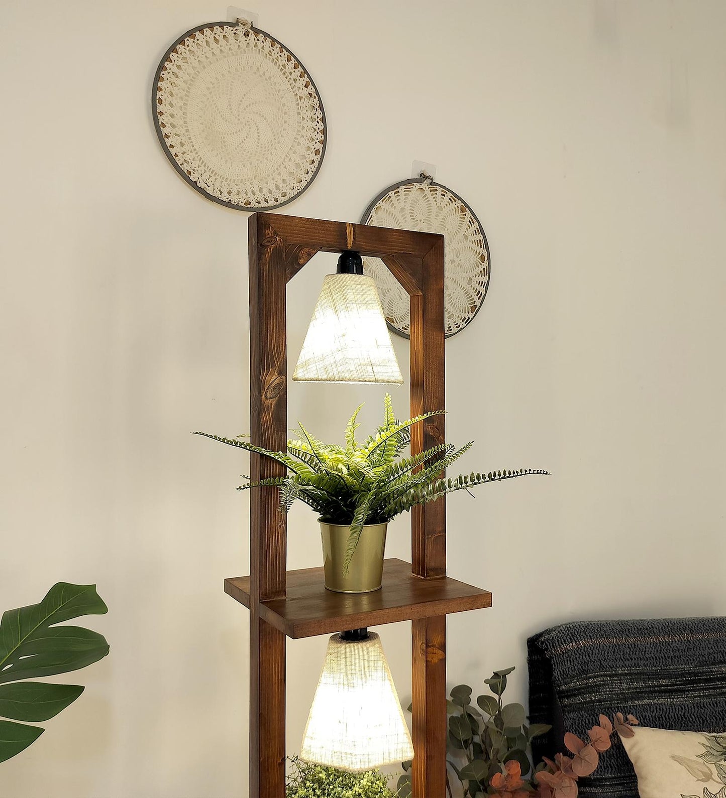 Mud Wooden Floor Lamp with Brown Base and Jute Fabric Lampshade