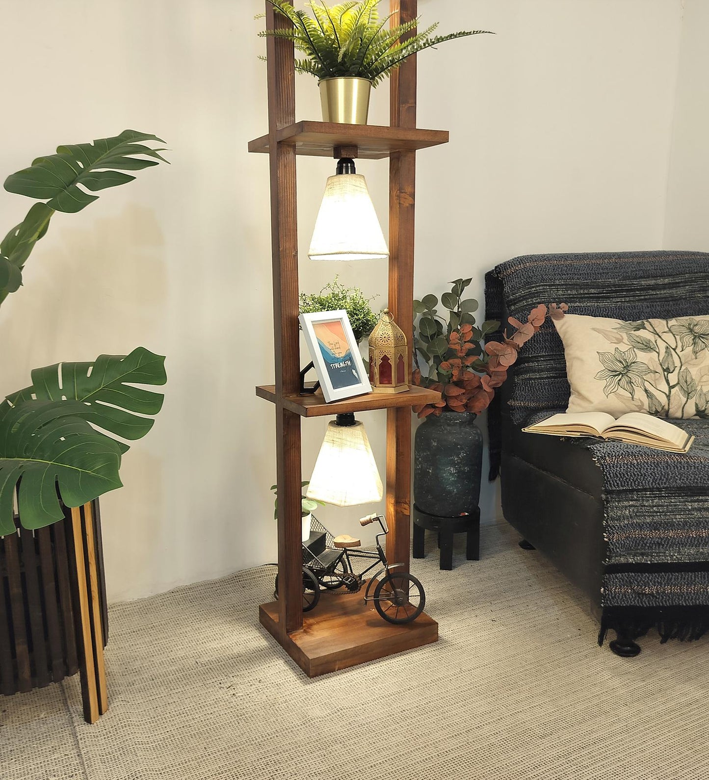 Mud Wooden Floor Lamp with Brown Base and Jute Fabric Lampshade