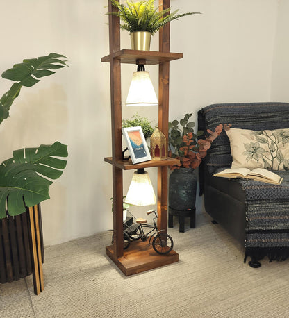 Mud Wooden Floor Lamp with Brown Base and Jute Fabric Lampshade