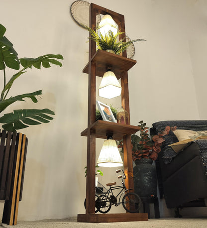 Mud Wooden Floor Lamp with Brown Base and Jute Fabric Lampshade