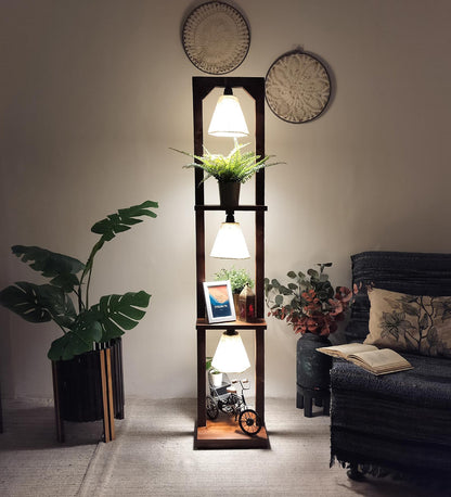 Mud Wooden Floor Lamp with Brown Base and Jute Fabric Lampshade
