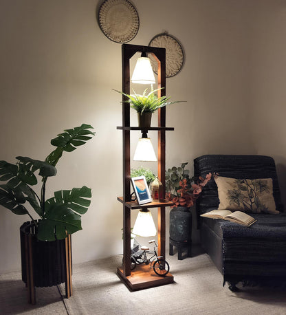 Mud Wooden Floor Lamp with Brown Base and Jute Fabric Lampshade