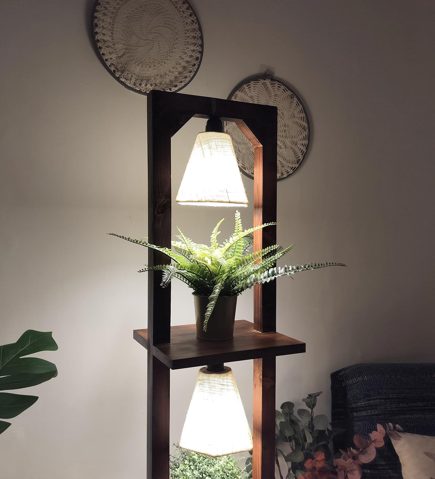 Mud Wooden Floor Lamp with Brown Base and Jute Fabric Lampshade