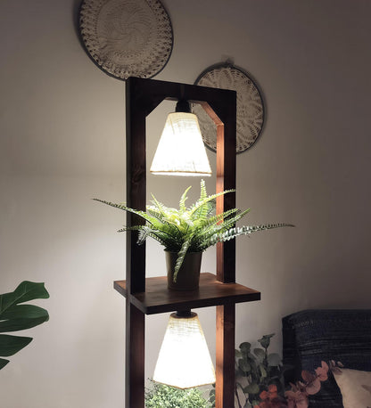 Mud Wooden Floor Lamp with Brown Base and Jute Fabric Lampshade