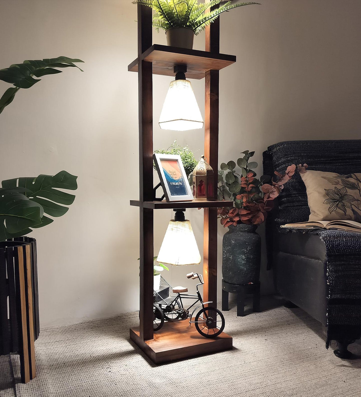 Mud Wooden Floor Lamp with Brown Base and Jute Fabric Lampshade