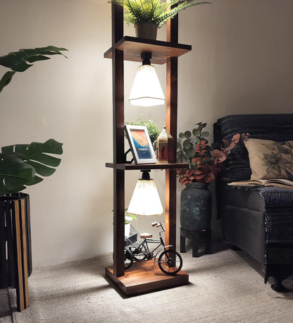 Mud Wooden Floor Lamp with Brown Base and Jute Fabric Lampshade