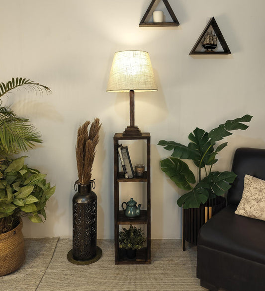 Sing Wooden Floor Lamp with Shelves, Brown Base and Jute Fabric Lampshade