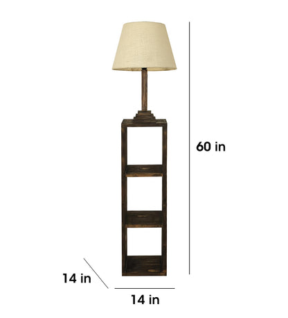 Sing Wooden Floor Lamp with Shelves, Brown Base and Jute Fabric Lampshade