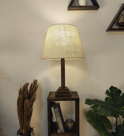 Sing Wooden Floor Lamp with Shelves, Brown Base and Jute Fabric Lampshade