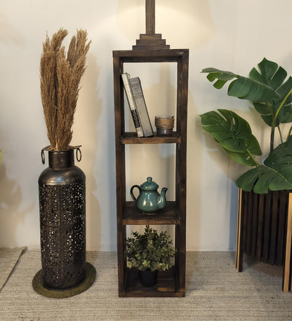 Sing Wooden Floor Lamp with Shelves, Brown Base and Jute Fabric Lampshade