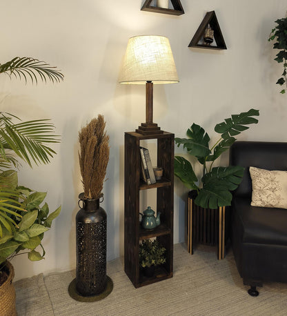 Sing Wooden Floor Lamp with Shelves, Brown Base and Jute Fabric Lampshade