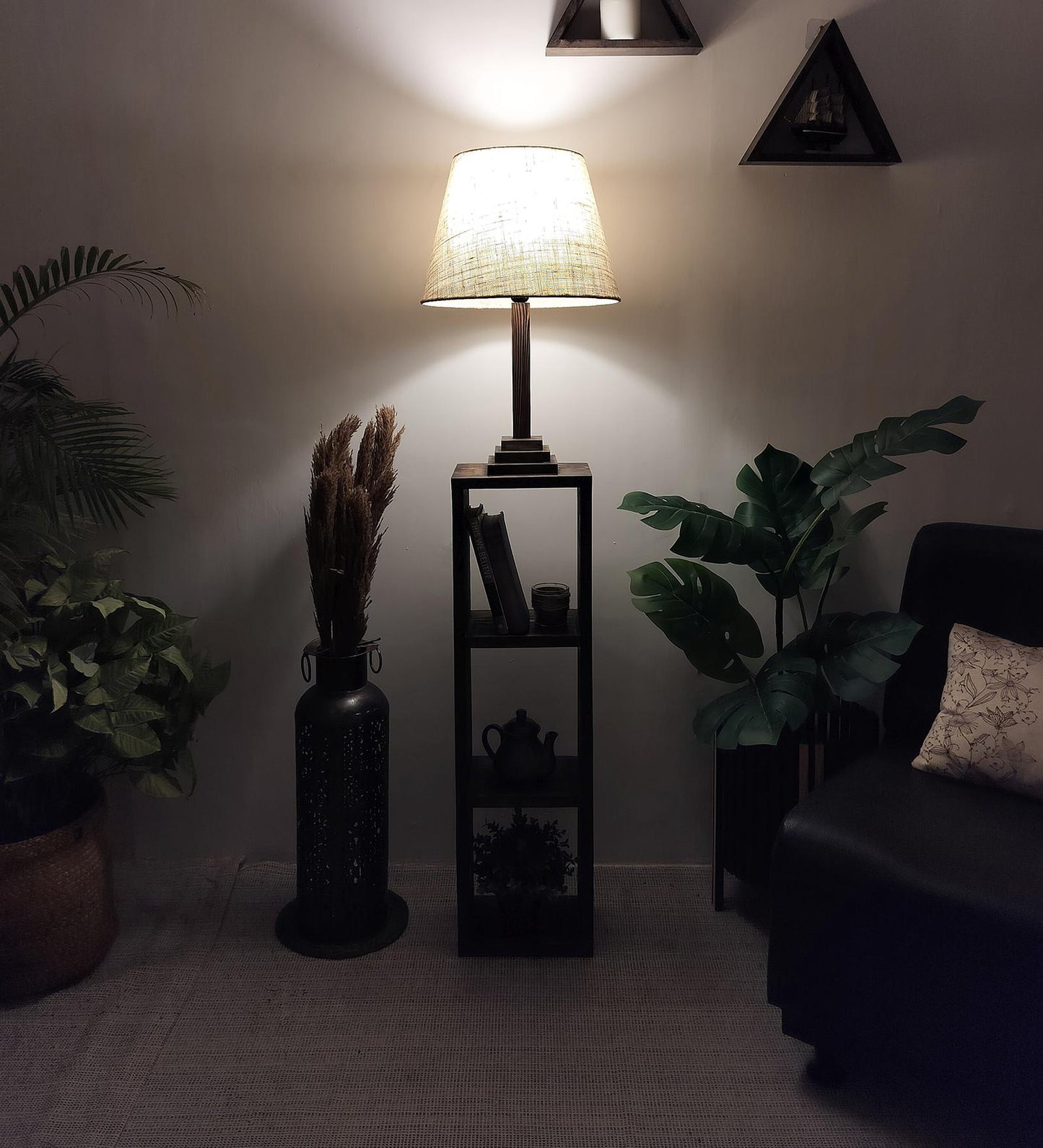 Sing Wooden Floor Lamp with Shelves, Brown Base and Jute Fabric Lampshade