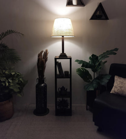 Sing Wooden Floor Lamp with Shelves, Brown Base and Jute Fabric Lampshade